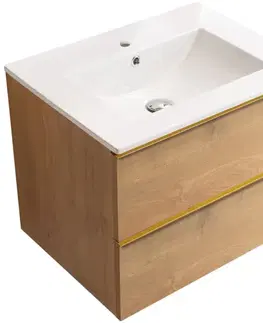 Kúpeľňový nábytok CERANO - Kúpeľňová skrinka Velora - dub medový, úchytka zlatá + keramické umývadlo Todo - 71x55x46,5 CER-664975