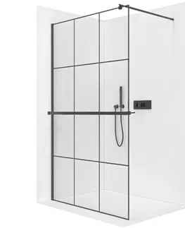 Držadlá k vani CERANO - Sprchová zástěna Walk-in Onyx Round L/P - 8 mm + polička/držák na ručníky - kulatá vzpěra  -  černá matná, industriální sklo - 90x200  CER-8050BD164