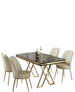 Jedálenské sety Dining Table & Chairs Set (5 Pieces) Vals - Black Marble, Gold, Cream