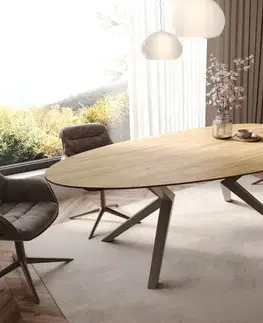 Jedálenské stoly DELIFE Jedálenský stôl Edge oválny 220x120 keramika Laminam® Sabbia dubová farba Zenthara hranatý kov titánový efektový povrch