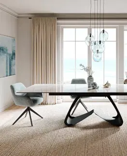 Jedálenské stoly DELIFE Jedálenský stôl Edge 200-300×100 cm keramika onyx šampanské podstava v tvare W kov čierna rozkladací