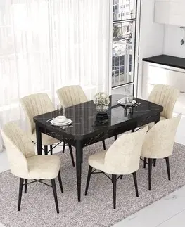 Jedálenské sety Extendable Dining Table & Chairs Set (7 Pieces) Nef - Black Marble, Cream