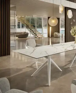 Jedálenské stoly DELIFE Jedálenský stôl Edge 300x100 keramika Calacatta Luxe bielo-zlato-šedá Estelar okrúhly kov biela