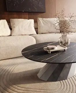 Konferenčné stolíky DELIFE Konferenčný stolík Edge okrúhly 100x100 cm keramika Laminam® Noir Desir hnedá Parabi metalická strieborná