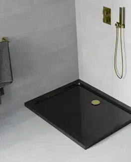 Vane MEXEN/S - Flat sprchová vanička obdĺžniková slim 100 x 70, čierna + zlatý sifón 40707010G