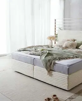 Postele Boxspring DELIFE Boxspring posteľ Dream-Well plyšový manšester béžová 200×200 cm s vreckovou pružinovou matracou a topperom Visco