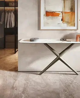 Konzolové stolíky DELIFE Konzolový stolík Edge zaoblený tvar 180×40 cm keramika Calacatta Luxe bielo-zlato-šedá Estelo kov titánová farba