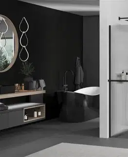 Sprchové dvere MEXEN/S - Kioto+ Sprchová zástena WALK-IN s poličkou a držiakom uterákov 90 x 200, prúžky 8 mm, čierna 800-090-121-70-09