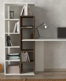 Písacie stoly PREMIUM pracovný stôl s regálom, biela / orech