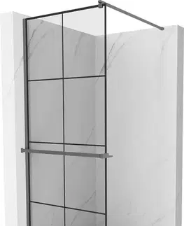 Sprchové dvere MEXEN/S - Kioto+ Sprchová zástena WALK-IN s poličkou a držiakom uterákov 80 x 200, čierny vzor, grafit metal 800-080-121-95-77