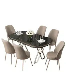 Jedálenské sety Dining Table & Chairs Set (7 Pieces) Lai - Black Marble, Chrome, Cappuccino
