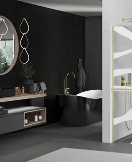 Sprchové dvere MEXEN/S - Kioto+ Sprchová zástena WALK-IN s poličkou a držiakom uterákov 80 x 200, biely vzor, zlatá kartáčovaná 800-080-121-55-97