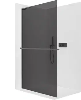 Sprchové dvere CERANO - Sprchová zástena Walk-in Onyx L-ľavá vzpera - 10 mm + polička/držiak na uteráky - čierna matná, grafitové sklo - 150x200 CER-8050BD73638