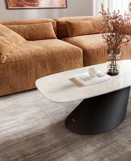 Konferenčné stolíky DELIFE Konferenčný stolík Edge zaoblený 100×50 cm keramika onyx šampanské Conis kov čierna