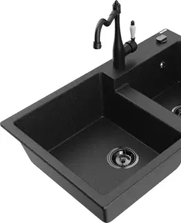 Kuchynské drezy MEXEN/S MEXEN/S - Tomas granitový drez 2-bowl vrátane batérie Carla, čierna/strieborná metalík 6516-73-670700-70-B