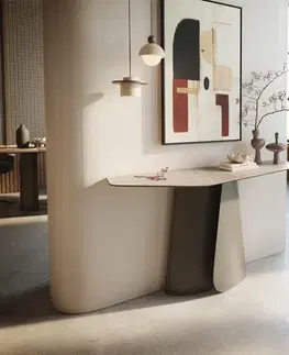 Konzolové stolíky DELIFE Konzolový stolík Edge polygonálny 140×50 cm keramika Laminam® travertín biely krémovo biela Livos kov titánová farba