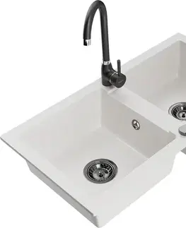 Kuchynské drezy MEXEN/S MEXEN/S - Mario granitový drez 2-bowl vrátane batérie Telma, biela 6504-20-670200-70