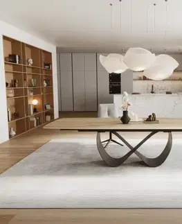 Jedálenské stoly DELIFE Jedálenský stôl Edge zaoblený tvar 240-300×120 cm keramika Laminam® sabbia dubová farba Infinity kov čierna rozkladací