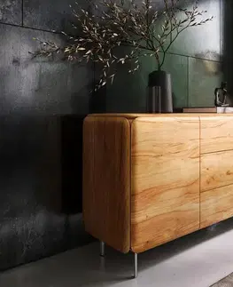Komody DELIFE Komoda Shavani 145 cm akácia prírodná 2 dvierka 3 zásuvky oválna podstava nerezová oceľ