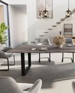 Jedálenské stoly DELIFE Jedálenský stôl Edge 260x100 akácia platinová tenká podstava čierna Live-Edge