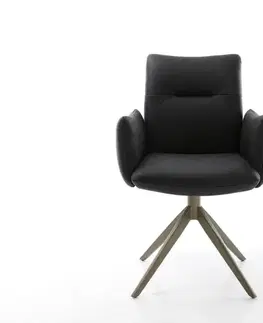 Jedálenské stoličky DELIFE Otočná jedálenská stolička Jova-Flex s opierkami pravá koža čierna kovová podstava široká titánová farba 360° otočná kolískacia funkcia vrecková pružina