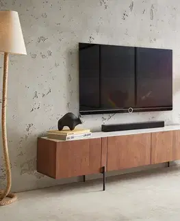 Televízne stolíky DELIFE TV stolík Secara 200 cm akácia hnedá 4 dvierka mramorové nohy čierna