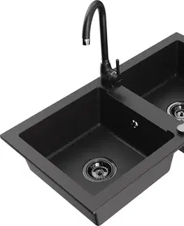Kuchynské drezy MEXEN/S MEXEN/S - Mario granitový drez 2-bowl vrátane batérie Telma, čierna 6504-77-670200-70-B