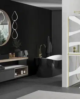Sprchové dvere MEXEN/S - KIOTO Sprchová zástena WALK-IN s poličkou a držiakom uterákov 100 x 200, transparent/bialy vzór 8 mm, zlatá 800-100-121-50-97