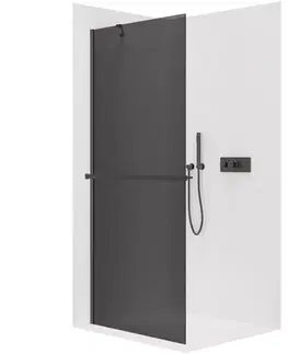 Držadlá k vani CERANO - Sprchová zástěna Walk-in Onyx Y L/P - 10 mm + polička/držák na ručníky - černá matná, grafitové sklo - 160x200  CER-8050BD8554