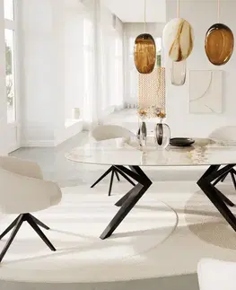 Jedálenské stoly DELIFE Jedálenský stôl Edge oválny 220x120 keramika Minas melange bielo-béžová Zenthara hranatý kov čierna