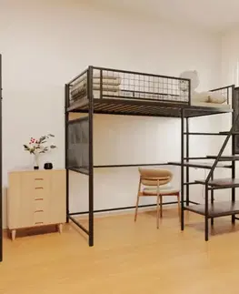 Postele KONDELA Niven vyvýšená posteľ so zábranou 90x200 cm čierna / rustikálne drevo