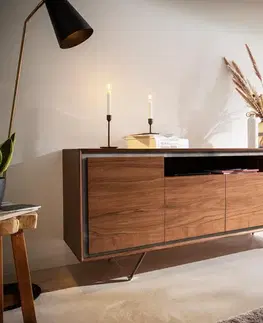 Komody DELIFE Komoda Stonegrace 175 cm akácia hnedá kamenná dyha 4 dvierka 1 priehradka podstava v tvare V čierna