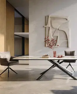 Jedálenské stoly DELIFE Jedálenský stôl Edge zaoblený tvar 300×120 cm keramika Minas Melange bielo-béžová krížová podstava pravouhlý nerezová oceľ grafitová