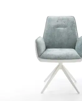Jedálenské stoličky DELIFE Otočná jedálenská stolička Zoa-Flex zmiešané materiály pravá koža bielo-pastelovo modrá krížová podstava široká biela 360° otočná hojdacia funkcia vrecková pružina