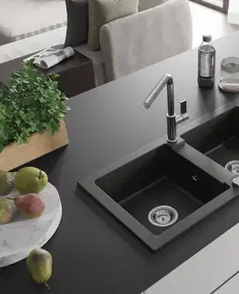 Kuchynské drezy MEXEN/S MEXEN/S - Mario granitový drez 2-bowl vrátane batérie Flora, čierna/zlatá metalik 6504-75-670401-00