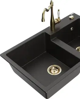 Kuchynské drezy MEXEN/S MEXEN/S - Tomas granitový drez 2-bowl vrátane batérie Carla, čierna/zlatá metalik 6516-75-670700-50
