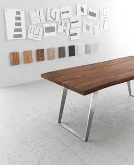 Jedálenské stoly DELIFE Jedálenský stôl Edge 200x100 XL akácia hnedá nerezová oceľ skosený Live-Edge