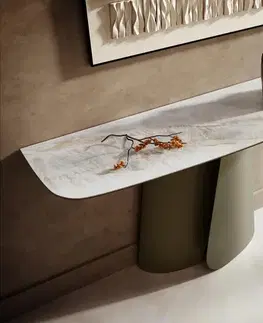 Konzolové stolíky DELIFE Konzolový stolík Edge zaoblený tvar 140×40 cm keramika onyx perla Livos kov titánová farba