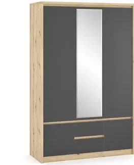 Šatníkové skrine NABBI Daicos W-3D2DRWS trojdverová šatníková skriňa so zrkadlom dub artisan / sivá