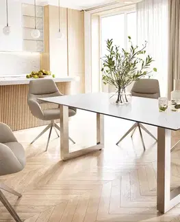 Jedálenské stoly DELIFE Jedálenský stôl Edge 200x100 keramika Laminam® Statuarietto biela nerezová oceľ široký