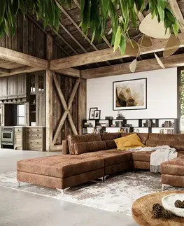 Sedacie súpravy XL DELIFE Pohovka v tvare U Elio 300x185 cm imitácia kože vintage hnedá antik s taburetom