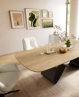 Jedálenské stoly DELIFE Jedálenský stôl Edge zaoblený 240×120 cm keramika Laminam® Sabbia dubová farba podstava v tvare W kov čierna