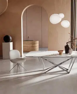 Jedálenské stoly DELIFE Jedálenský stôl Edge zaoblený tvar 240x120 keramika Calacatta Luxe bielo-zlato-šedá Spider plochá oceľ nerezová oceľ