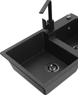 Kuchynské drezy MEXEN/S MEXEN/S - Tomas granitový drez 2-bowl vrátane batérie Rita, čierna/strieborná metalík 6516-73-670300-70-B