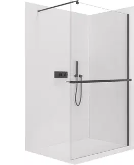 Držadlá k vani CERANO - Sprchová zástěna Walk-in Onyx Round L/P - 10 mm + polička/držák na ručníky - kulatá vzpěra - černá matná, transparentní sklo - 160x200  CER-9040B1083