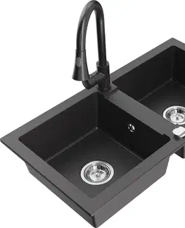 Kuchynské drezy MEXEN/S MEXEN/S - Mario granitový drez 2-bowl vrátane batérie Elia, čierna kropenatá 6504-76-670101-76