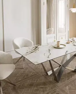 Jedálenské stoly DELIFE Jedálenský stôl Edge 180-220x100 keramika Calacatta Luxe bielo-zlato-šedá Spider plochá oceľ nerezová oceľ rozkladací