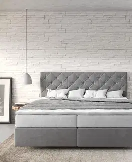Postele Boxspring DELIFE Boxspring posteľ Dream-Great 180×200 cm mikrovlákno sivá s vreckovou pružinovou matracou a visco topperom