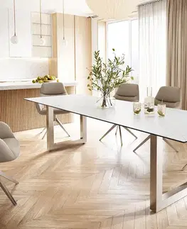 Jedálenské stoly DELIFE Jedálenský stôl Edge 300x100 keramika Laminam® Statuarietto biela nerezová oceľ široký