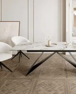 Jedálenské stoly DELIFE Jedálenský stôl Edge 180-220x100 keramika Calacatta Luxe bielo-zlato-šedá podstava v tvare V plochá oceľ čierna rozkladací